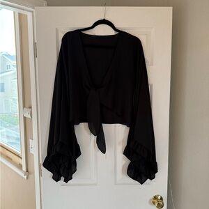 Black Tie-Front Bell Sleeve Top